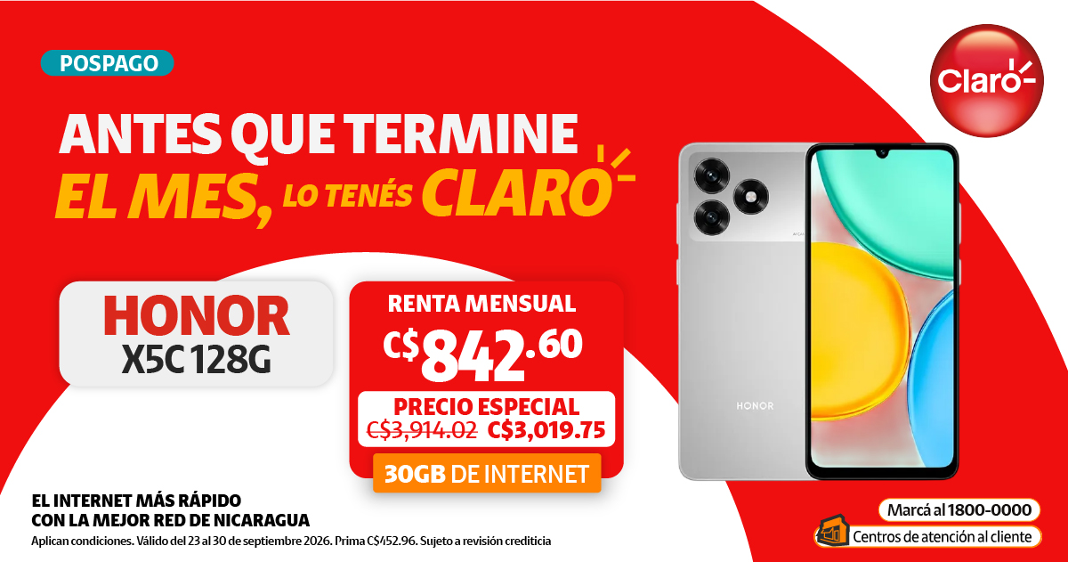 Honor X5C de 128 GB con oferta pospago en Claro Nicaragua